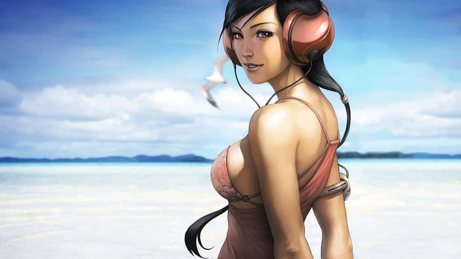 Animated Beachside Music Enthusiast Wallpaper