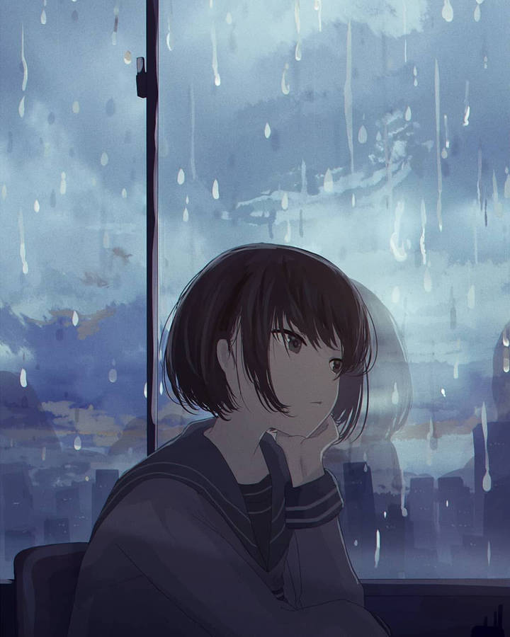 Anime Girl Sad Alone Leaning On Window Raining Wallpaper