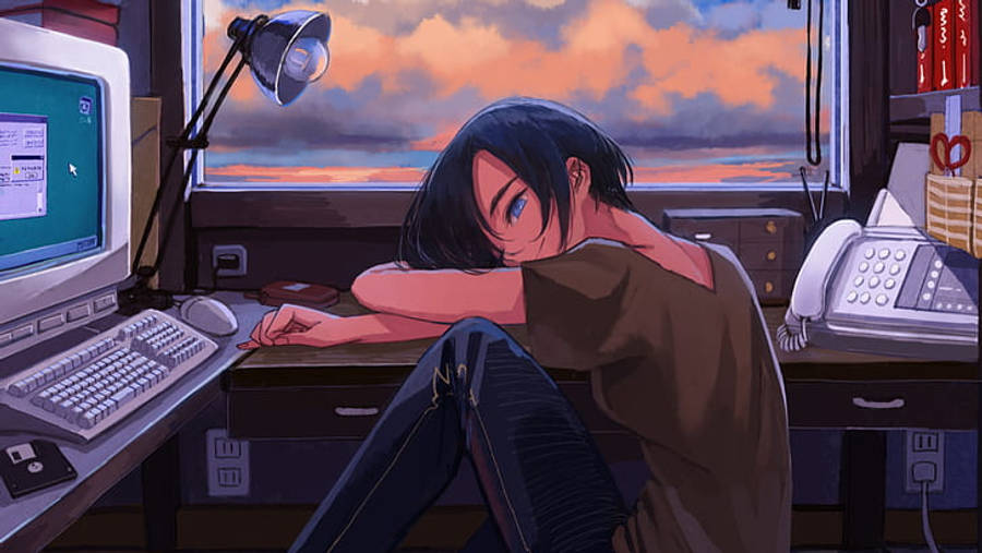 Anime Girl Tired In Front Of Laptop Wallpaper