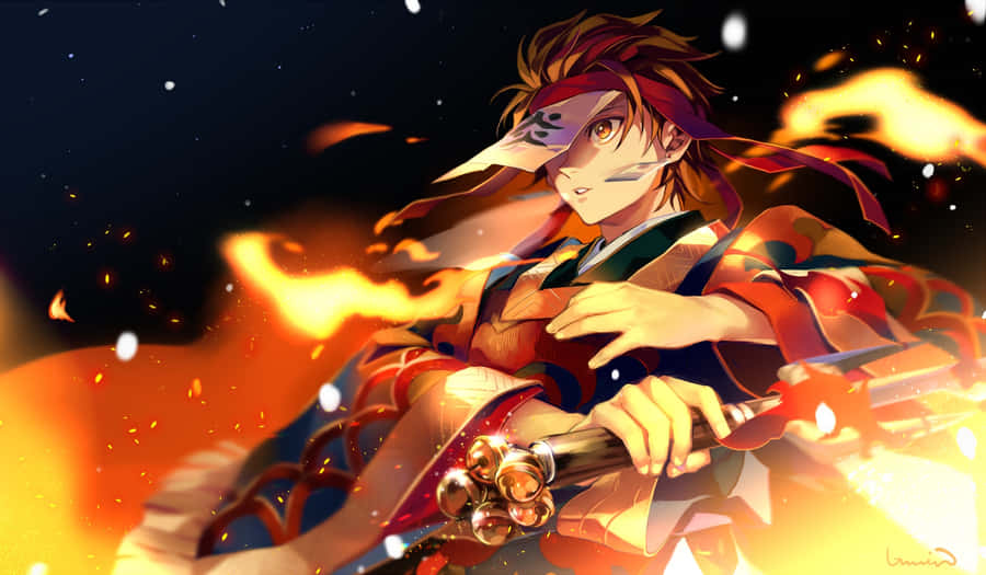 Anime Holding Sword With Fire Wallpaper