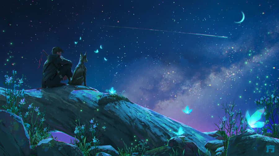 Anime Night Scenery Dog Wallpaper
