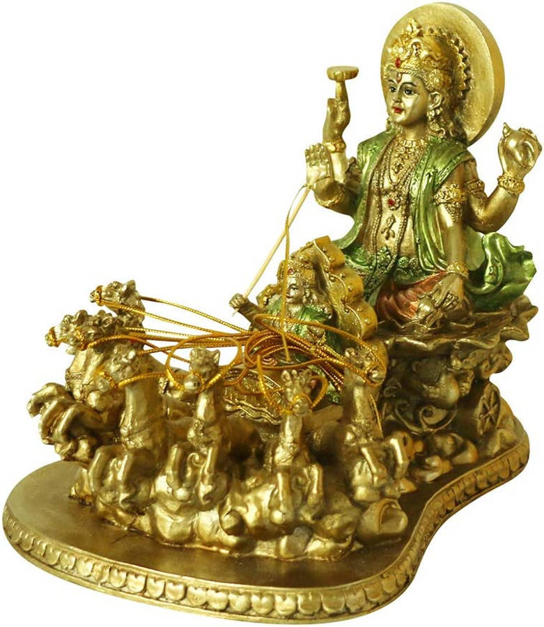 Antique Gold Surya Bhagwan Brass Figurine Wallpaper