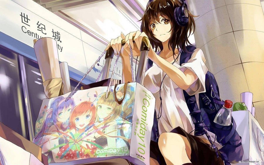 Beautiful Anime Lady In A Train Station Wallpaper