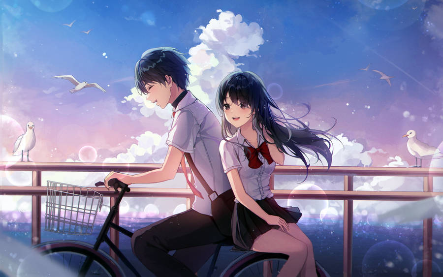 Bicycle Ride Aesthetic Anime Couple Wallpaper