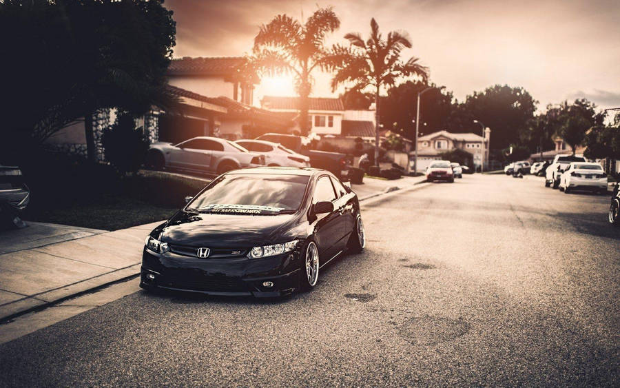 Black 4k Honda Civic In Neighborhood Wallpaper