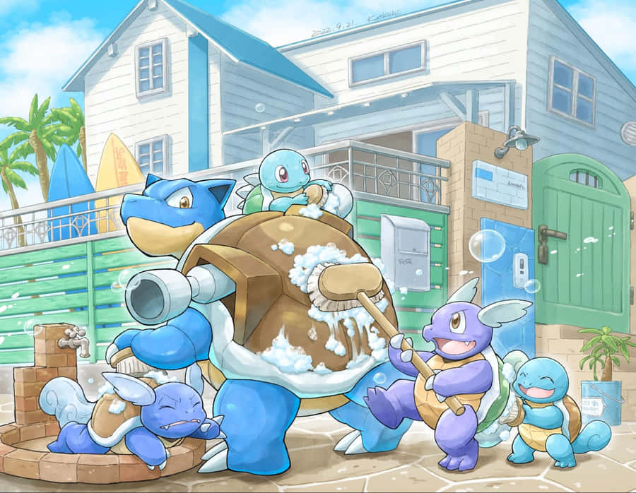 Blastoise, Wartortle, And Squirtle Bathing Wallpaper