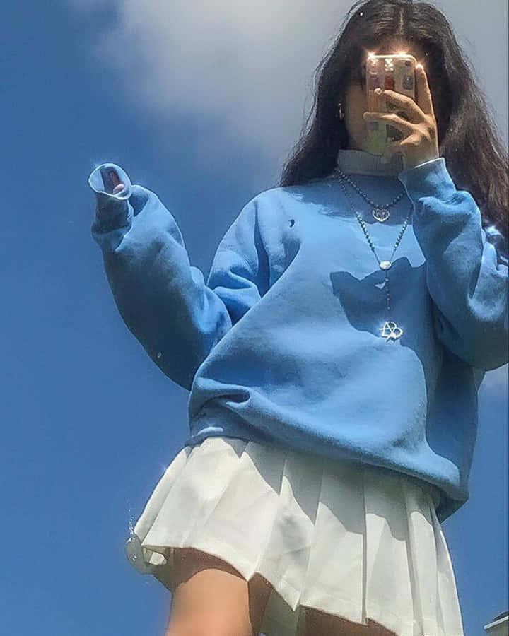 Blue Sweater Sky Reflection Girl.jpg Wallpaper