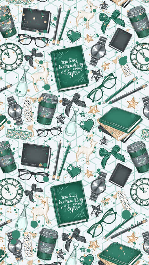 Books Iphone Green Pattern Aesthetic Wallpaper
