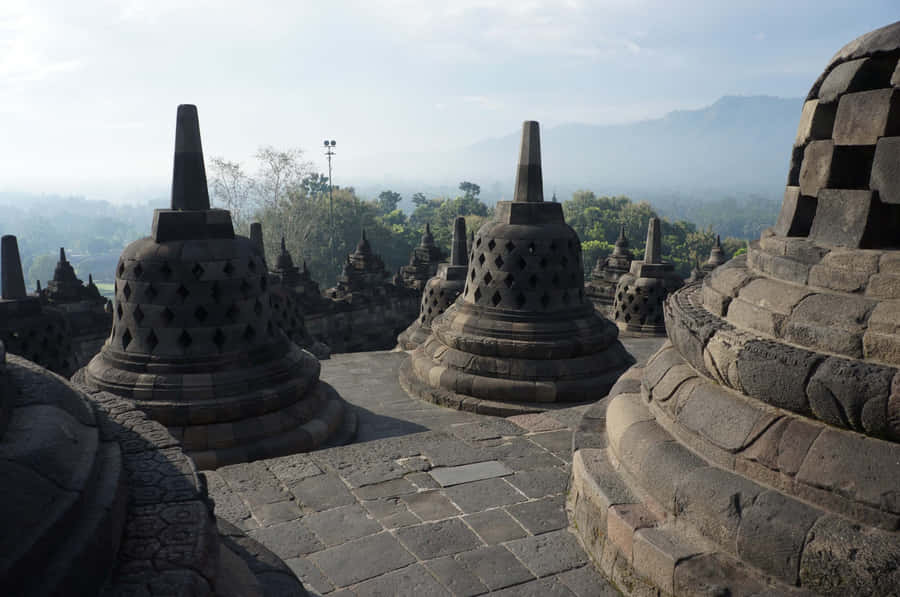 Borobudur Temple Cloudy Mountains Wallpaper