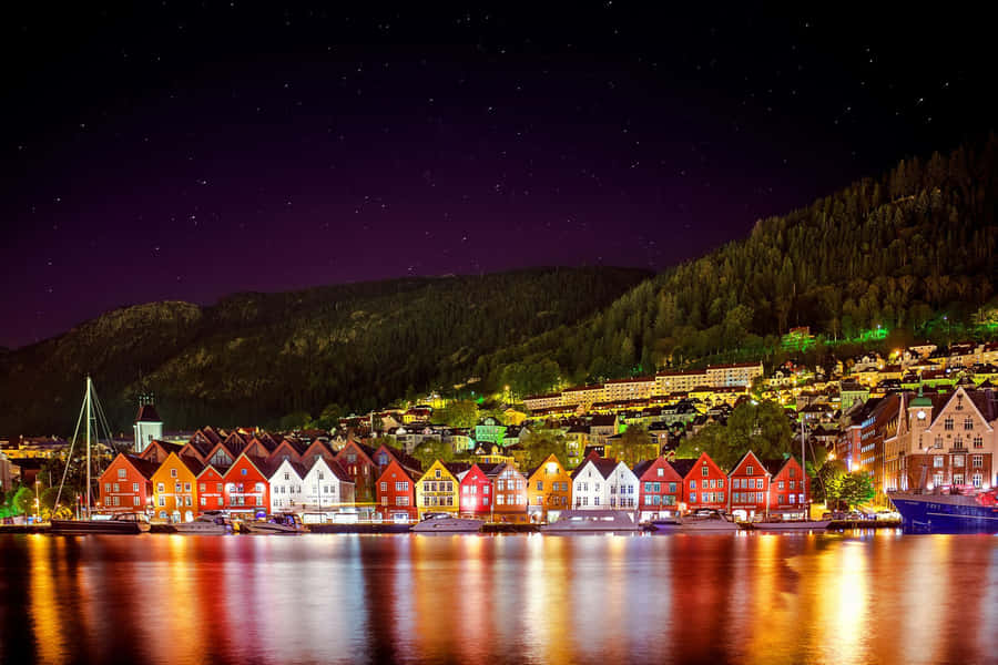 Bryggen Norway Historic Waterfront Night Wallpaper