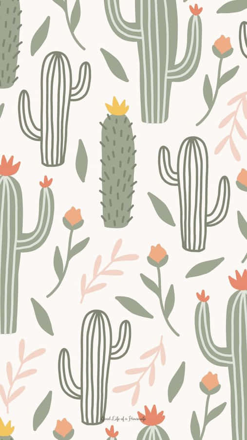 Cactus Pattern With Flowers And Leaves Wallpaper