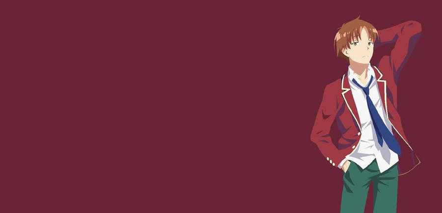 Caption: Charismatic Kiyotaka Ayanokoji Posing In Maroon Banner Background Wallpaper