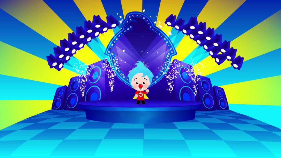 Caption: Delightful Plim Plim On A Vibrant Blue Stage Wallpaper