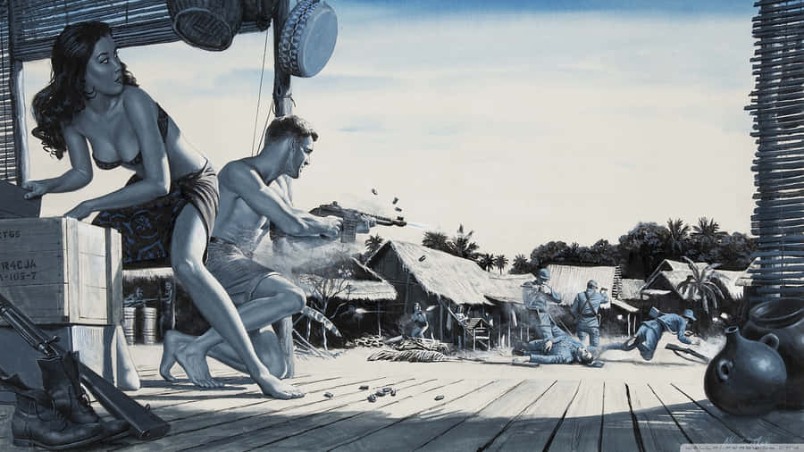 Caption: Enthralling Epic Battle Under A Thunderous Sky Wallpaper