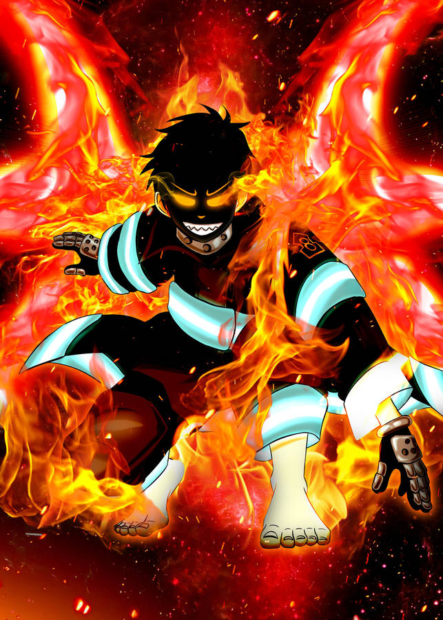 Caption: Shinra Kusakabe's Iconic Devil's Grin Wallpaper