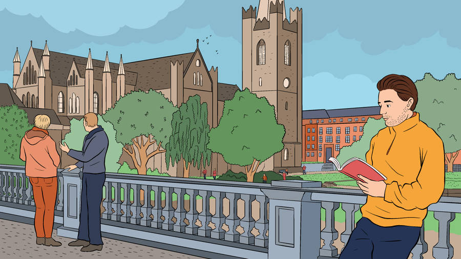 Caption: Vibrant Cartoon Illustration Of Dublin Cityscape Wallpaper