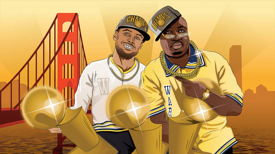 Cartoon Stephen Curry With Trophies Wallpaper