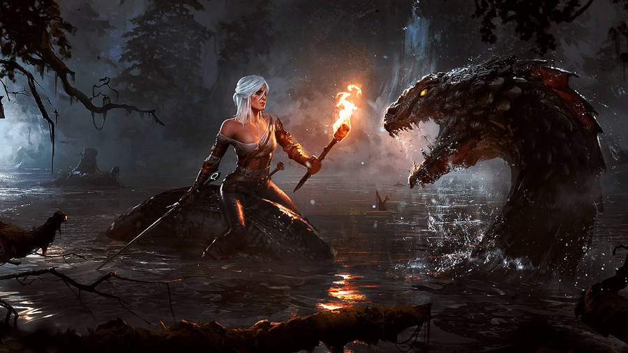 Ciri Battles A Deadly Sea Monster Wallpaper