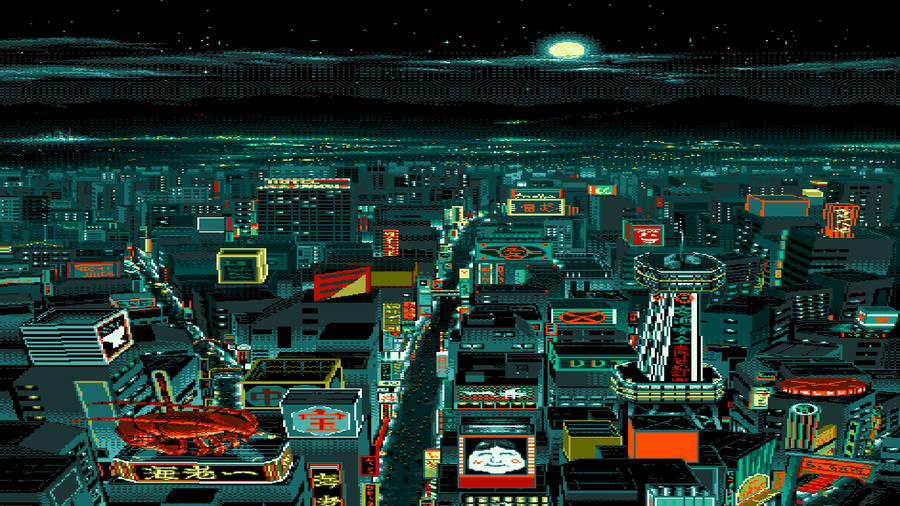 City Aerial View In An Aesthetic Pixel Art Wallpaper