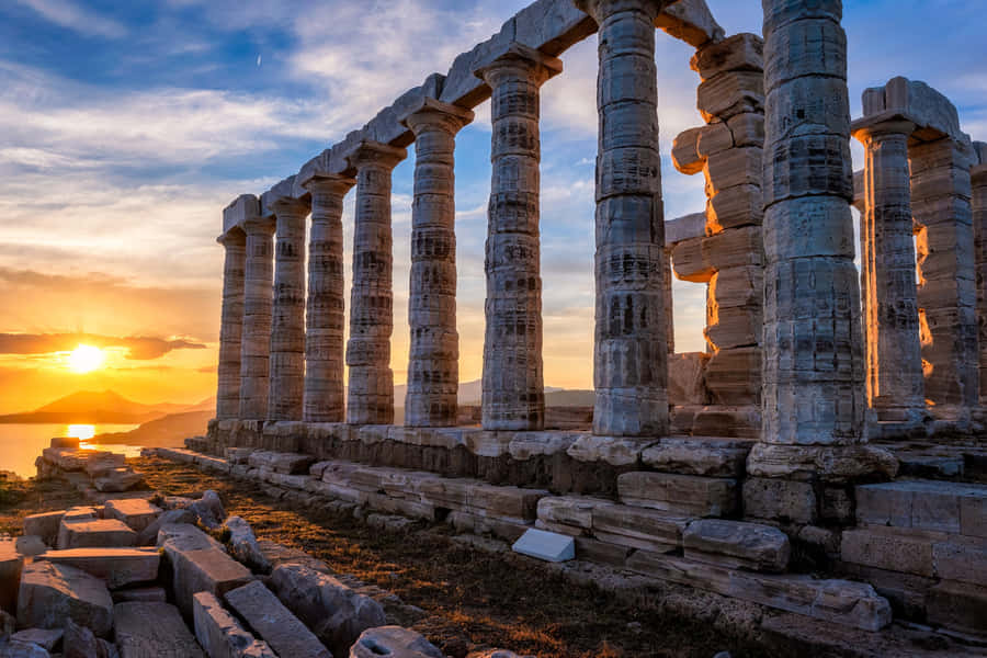 Cloudy Sky And Sunset Sounion Wallpaper