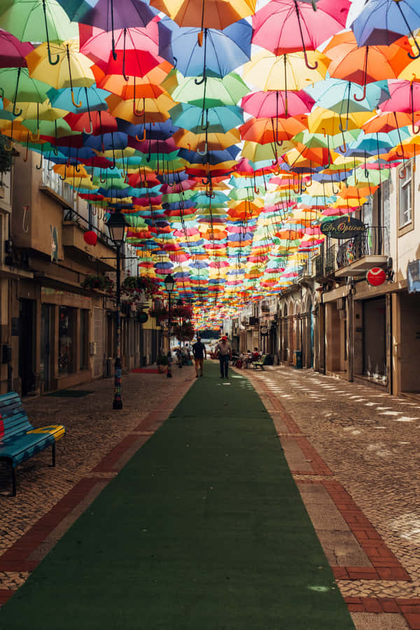 Colorful Umbrella Canopy Street Wallpaper