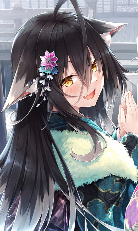 Cool Anime Fox Girl With Floral Pin Wallpaper