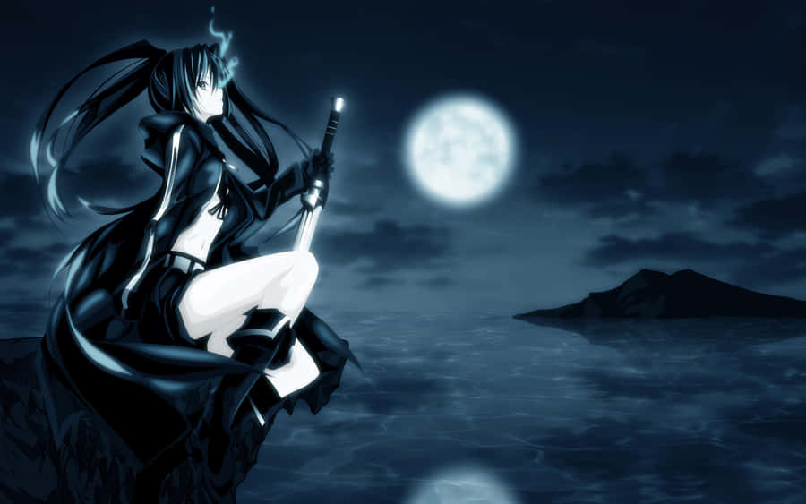 Cool Anime Girl In Black Blue Moon Wallpaper