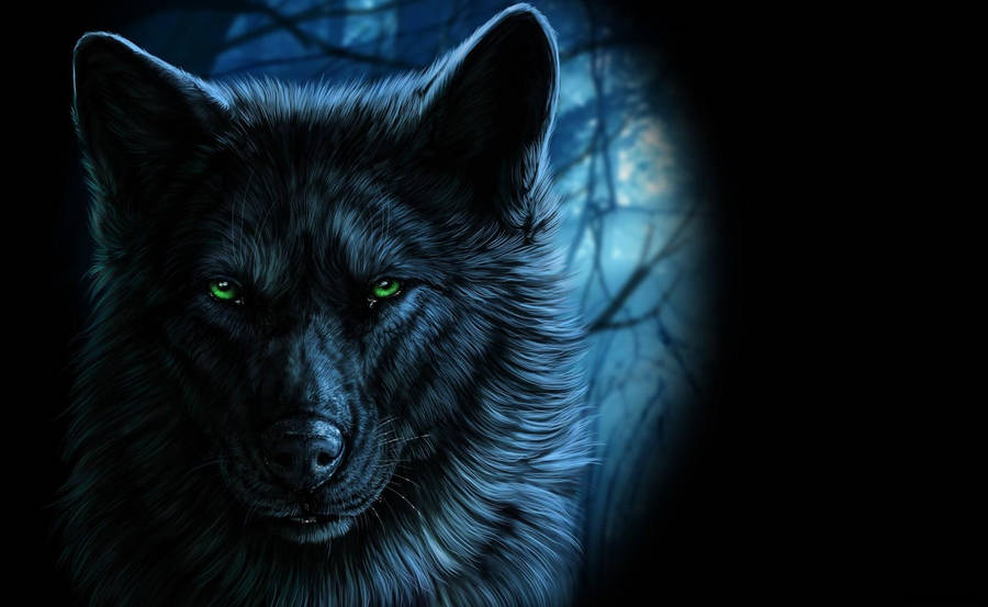 Cool Black Wolf With Green Eyes Wallpaper