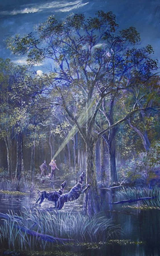 Coon Hunting Dogs Barking Tree Painting Wallpaper