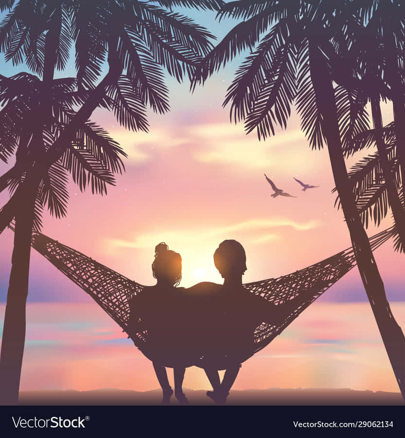 Couple At Beach Hammock On Trees Wallpaper