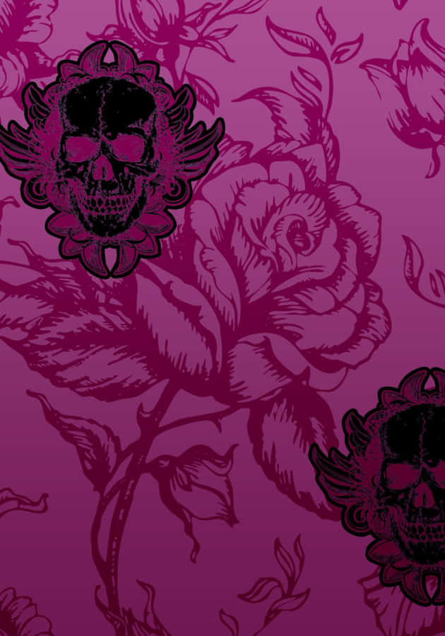 Cute Gothic Black And Pink Skull Flowers Wallpaper
