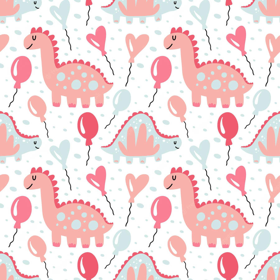 Cute Pink Dinosaur Pattern With Balloons Wallpaper
