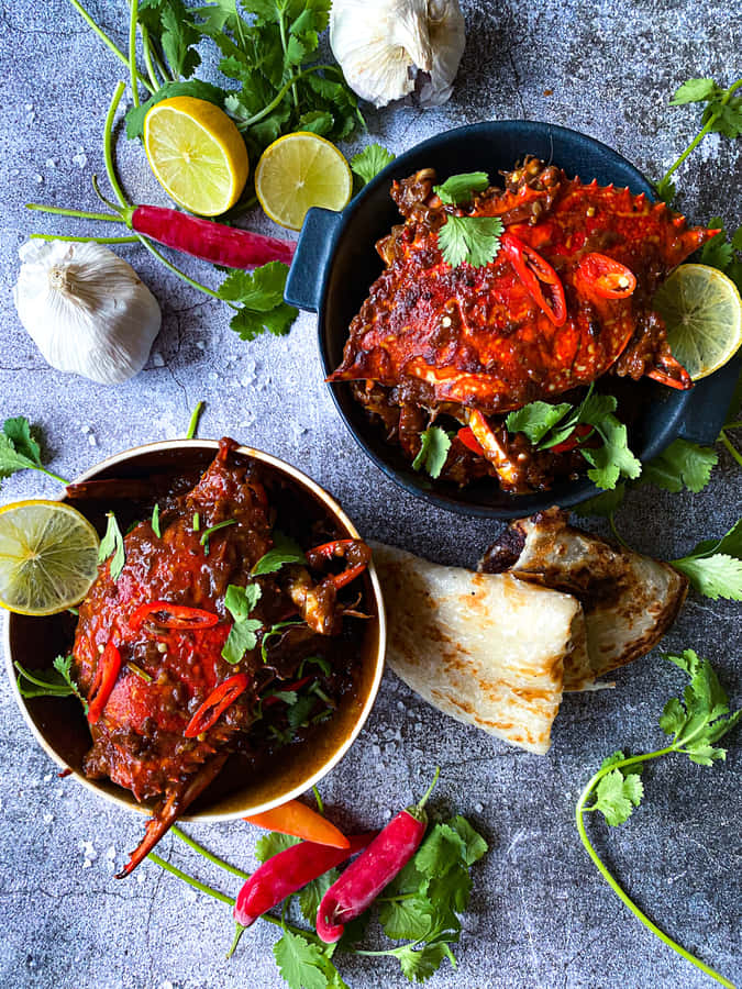 Delectable Singapore Chilli Crab In Two Bowls Wallpaper