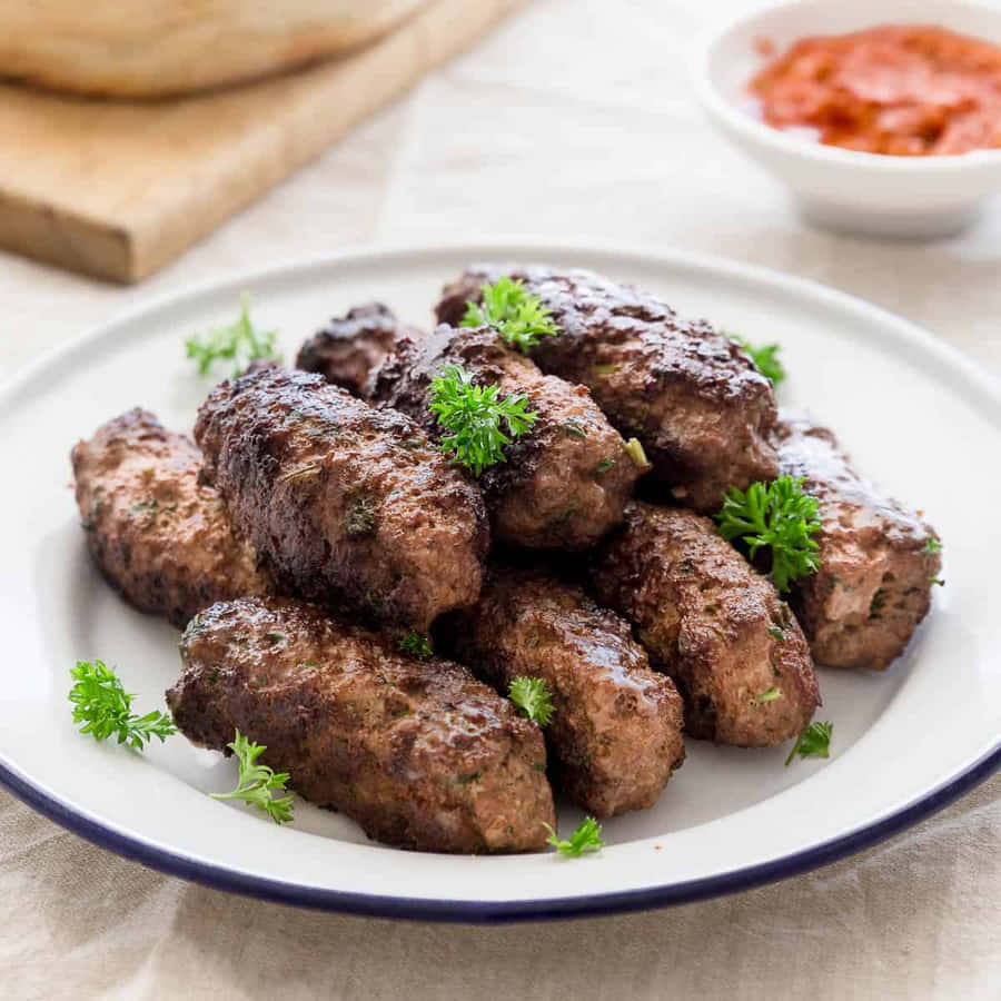 Delicious Fried Ćevapi Sausages Garnished With Fresh Herbs Wallpaper