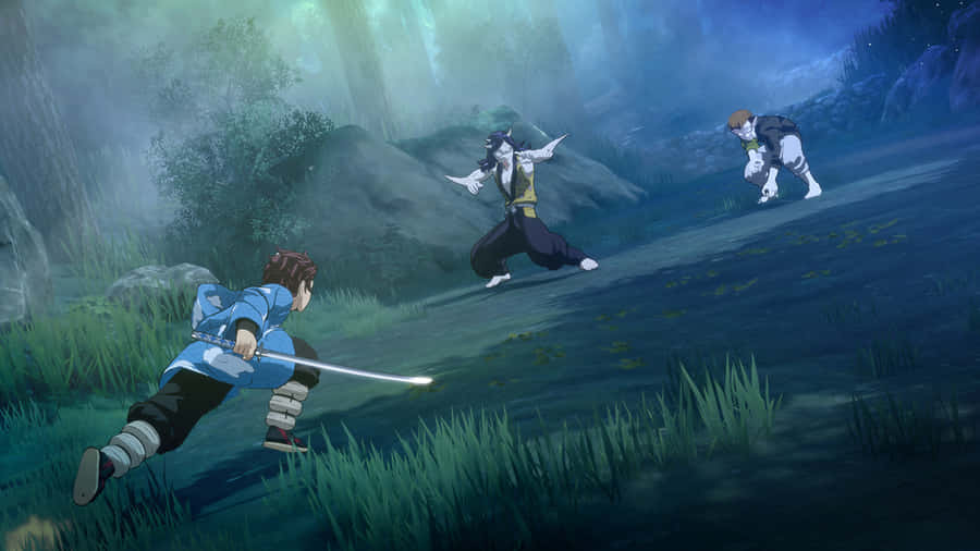Demon Slayer Scenery Forest Fight Wallpaper