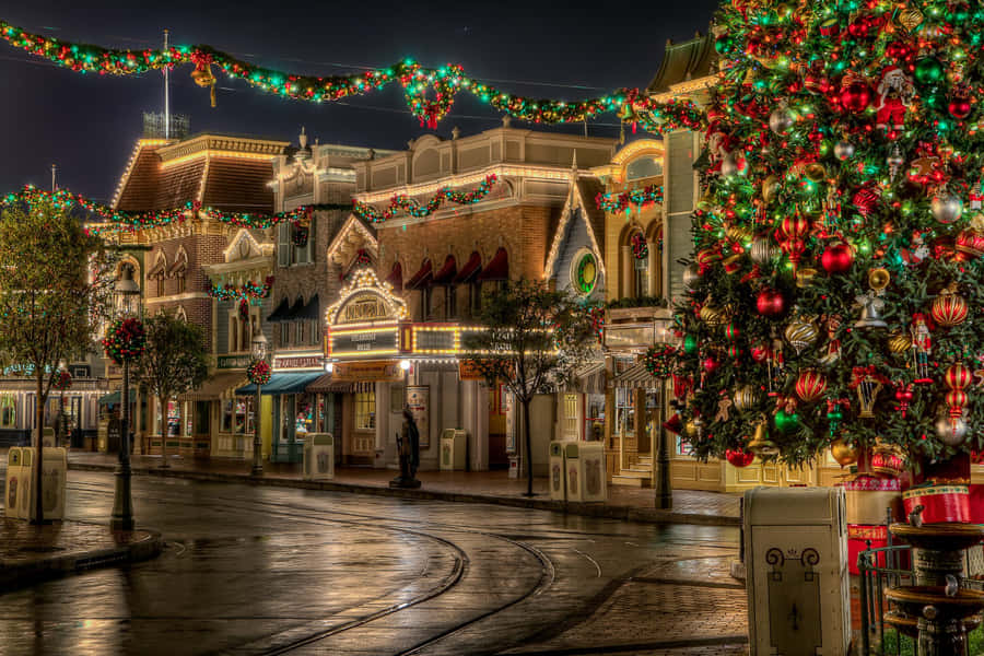 Disneyland Main Street Christmas Decoration Night Scene.jpg Wallpaper