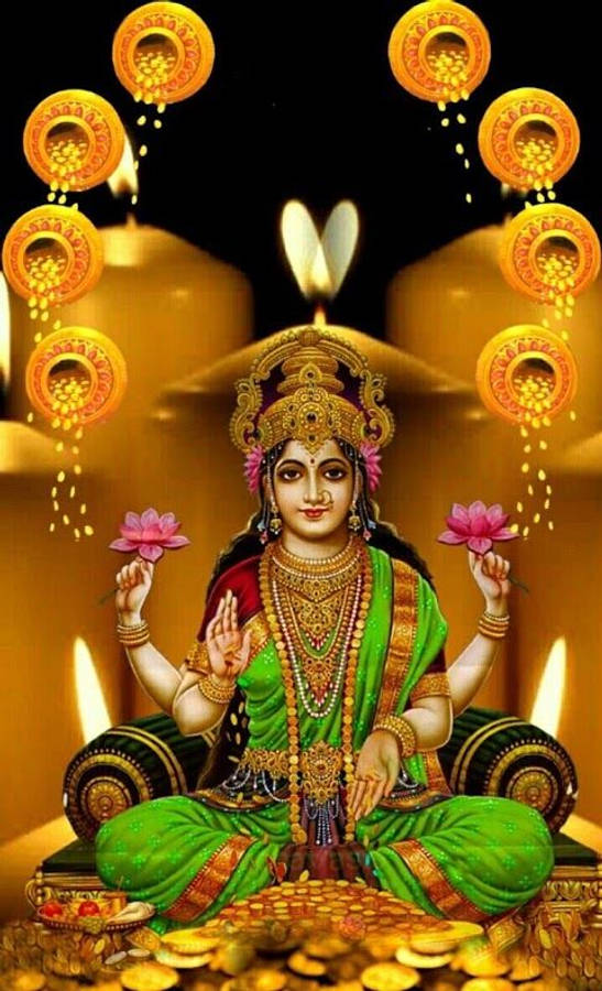 Divine Blessings: Goddess Lakshmi Surrounded By Golden Jars. Wallpaper
