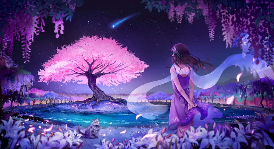 Enchanted_ Night_ Under_ Cherry_ Blossoms_ Anime Wallpaper