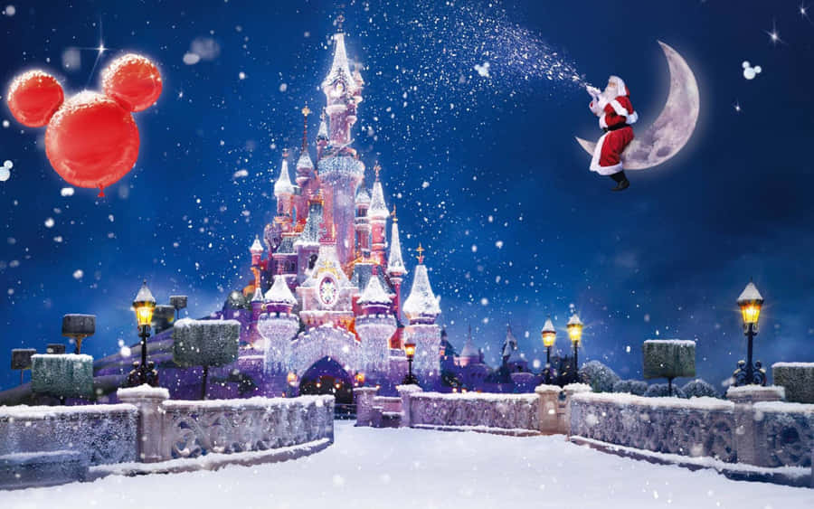 Enchanted Winter Disney Castle Santa Moonlight Wallpaper