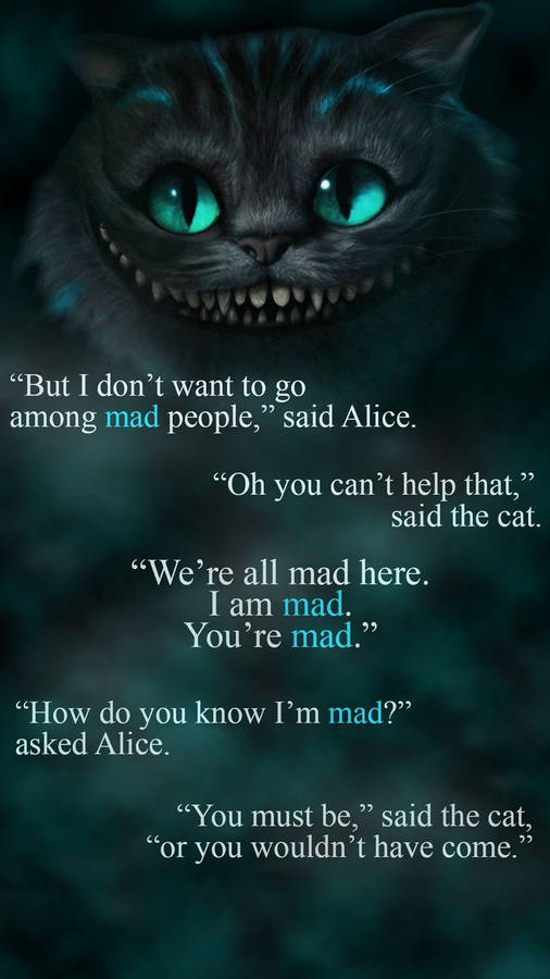 Enigmatic Cheshire Cat Grinning Among Quotes Wallpaper
