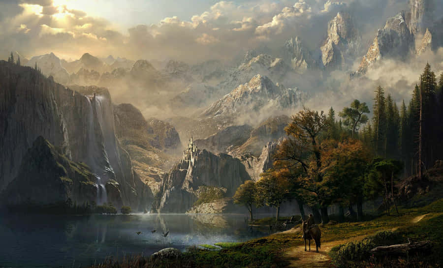 Enjoy A Peaceful Sunlit Morning In Stunning Skyrim Scenery. Wallpaper