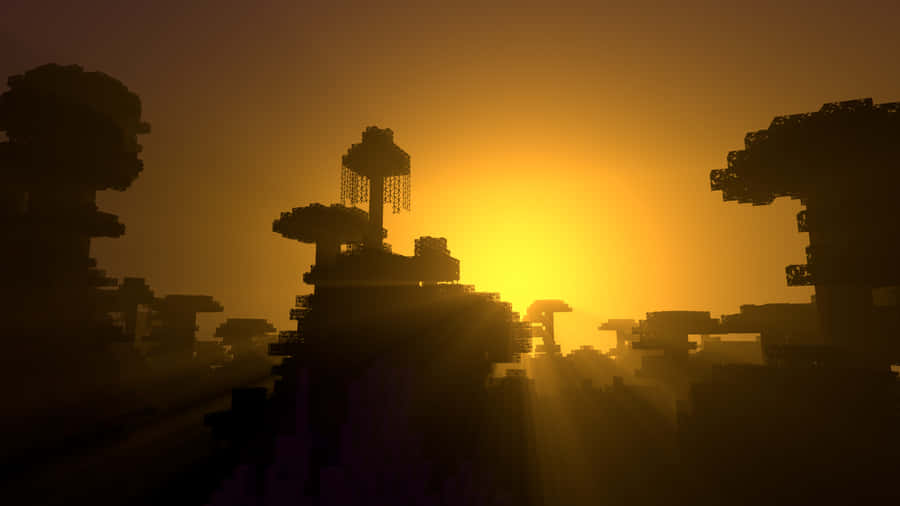 Exploration Of A Vibrant Minecraft Sunset Wallpaper