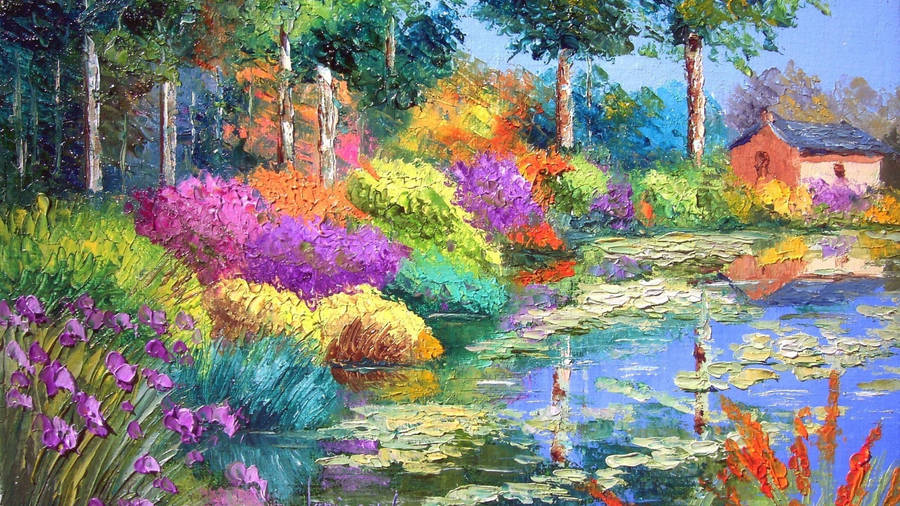 Explore The Serene Colors Of A Garden Pond Wallpaper