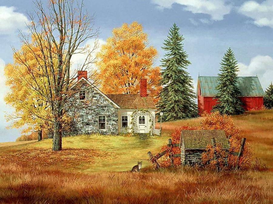 Fall Farm Painting Orange Grass Wallpaper