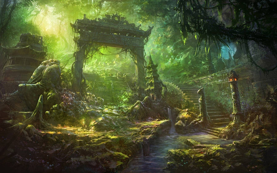 Fantasy Bamboo 4k Green Forest Temple Wallpaper