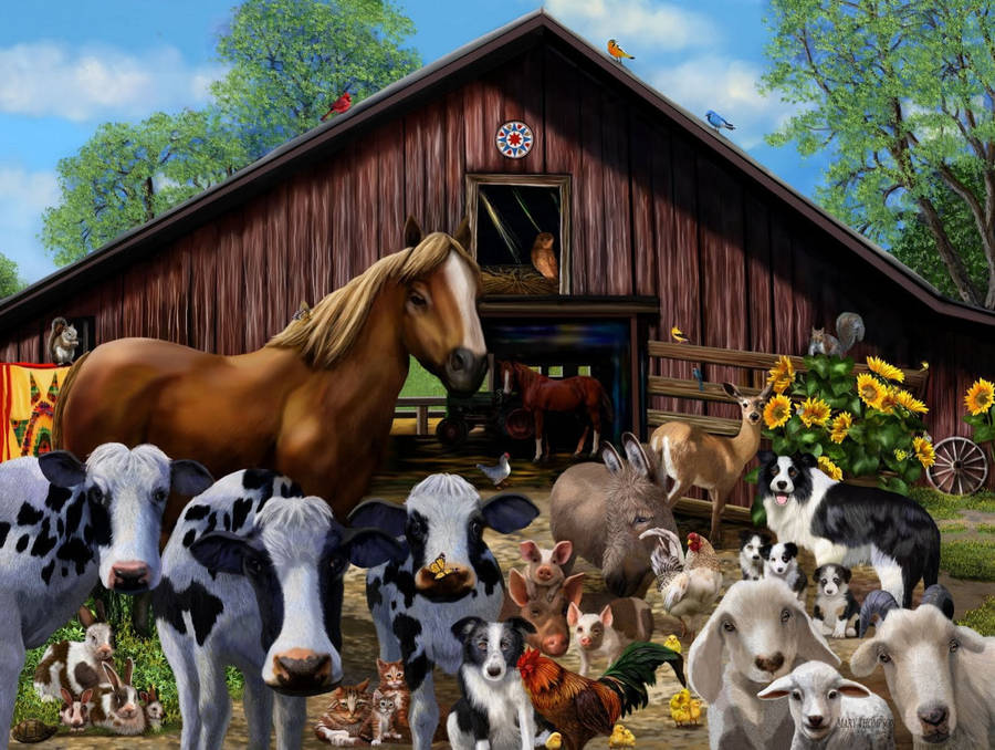 Farm Animals In Front Of A Barn House Wallpaper