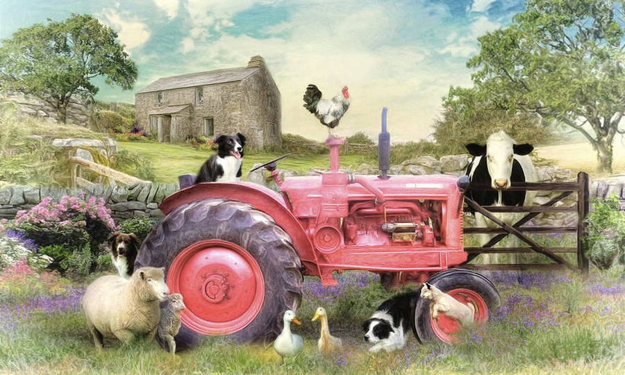 Farm Animals On A Red Tractor Wallpaper