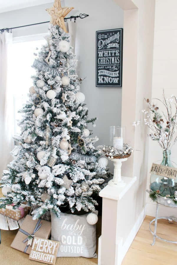 Farmhouse Christmas Tree White Aesthetic Wallpaper
