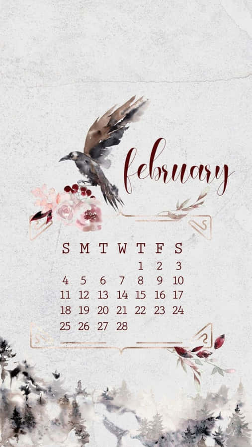 February Calendar Watercolor Perched Bird Wallpaper