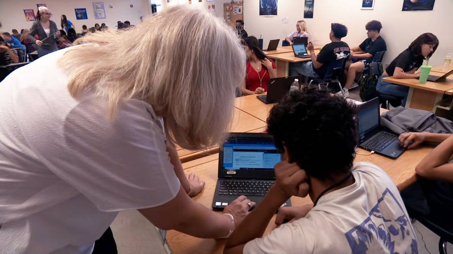 Female Teacher Teaching Student Laptop Wallpaper